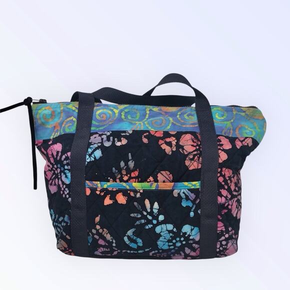 Handcrafted Artisan Tote Boho Bag Black Pink Blue Batik Floral Hippie Purse - Picture 2 of 6